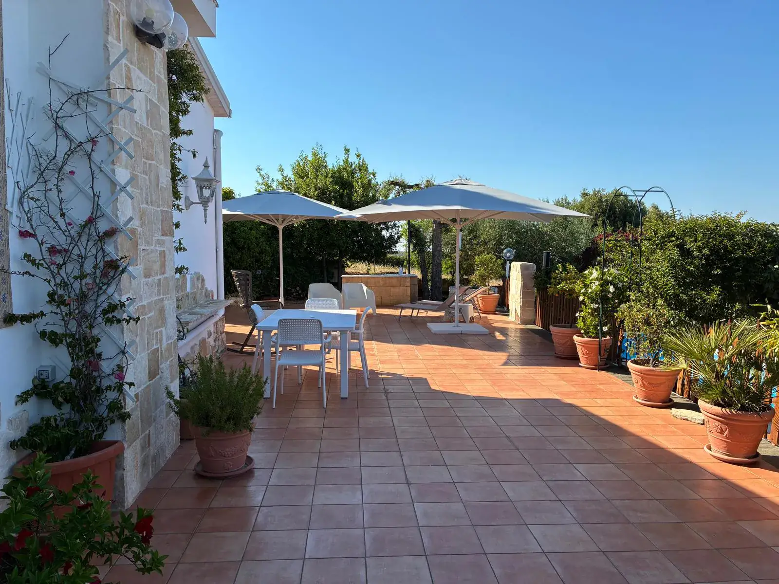 Terrazza solarium con bouganville, piante in vaso e accesso alla piscina